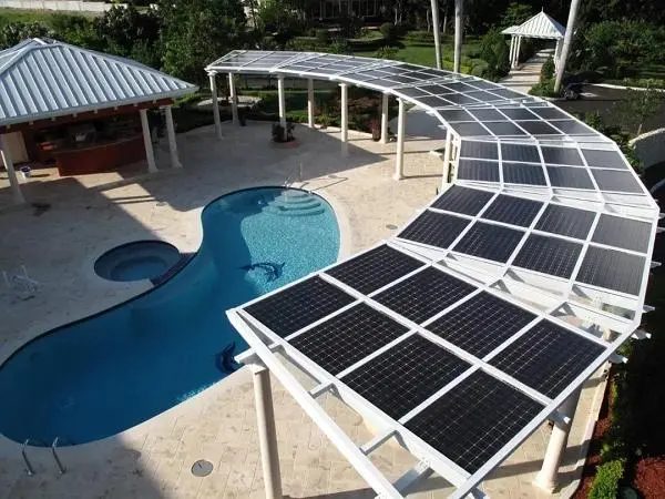 Solar canopy over a leisure and pool area