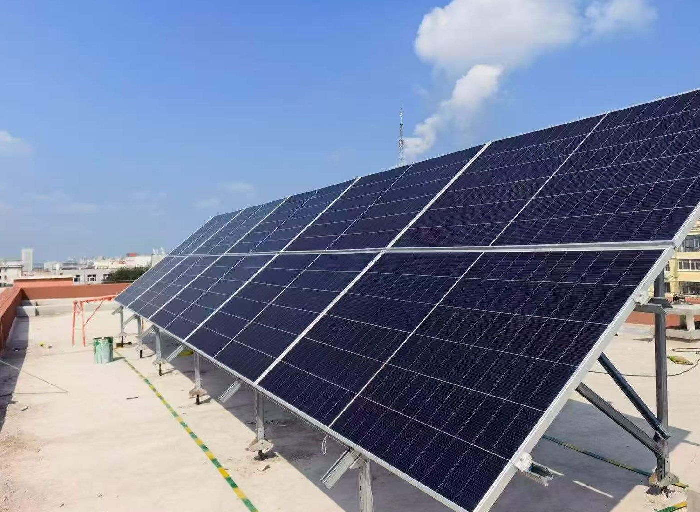 Tilt-frame array across a flat commercial roof